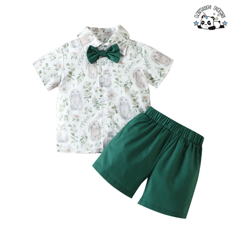 LEZONKIDS - Conjunto de camisa de cavalheiro infantil de duas peças na Páscoa